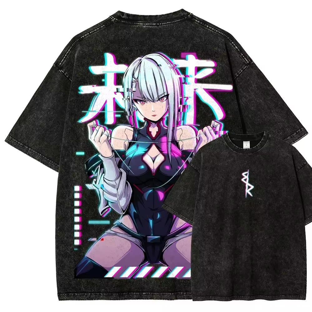T-shirt Cyberpunk Edgerunners Lucy Future Washed, style Anime Harajuku Streetwear, coupe oversize, Y