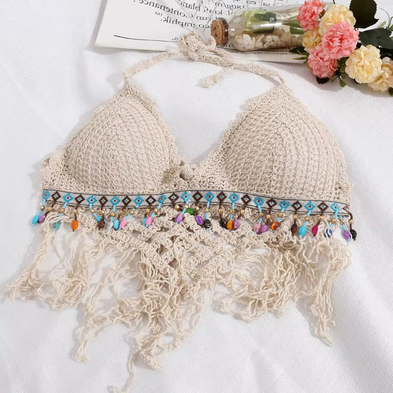 Ensemble trois pièces de plage sans dos en dentelle ajourée avec protection solaire : débardeur, sho