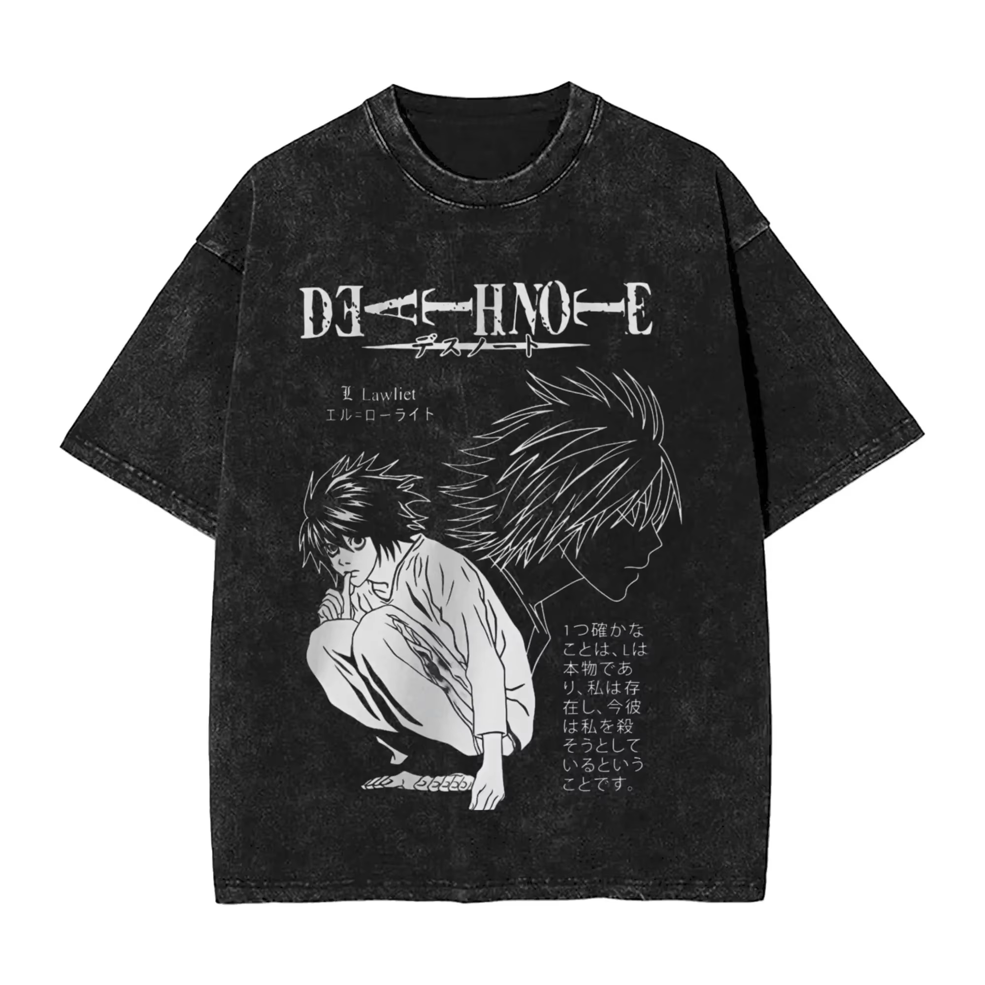 T-shirts Manga DEATH NOTE L Lawliet à imprimé graphique, T-shirts oversize délavés, T-shirt à manche