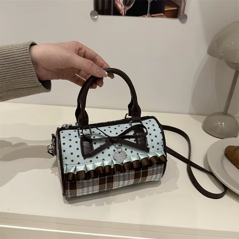 Sac coréen à pois avec nœud, sac melon à la mode en dentelle bloquée de couleur, sac à main Style Y2