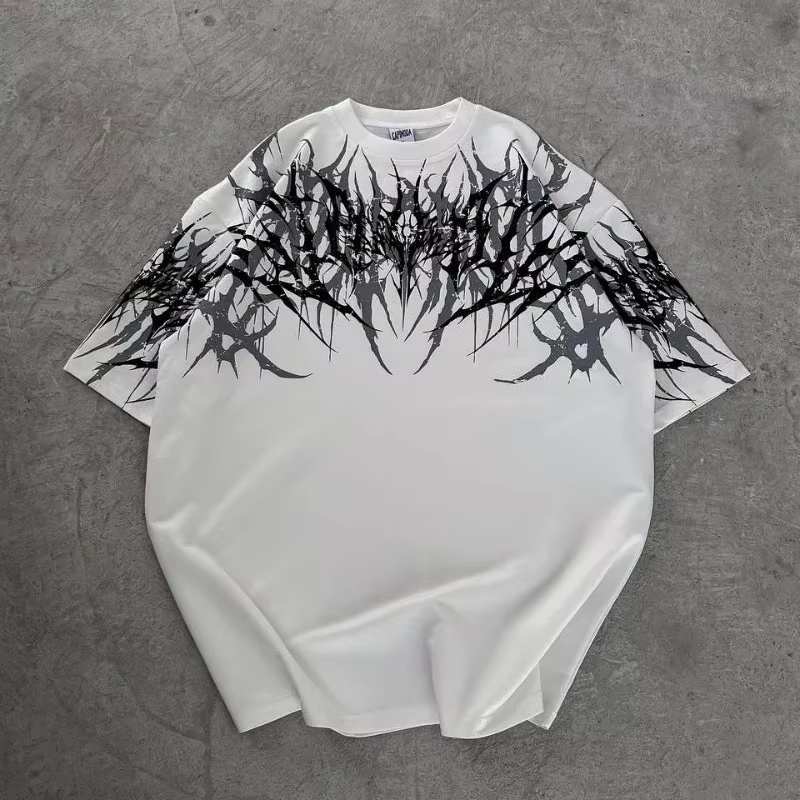 T-shirt Cyberpunk Gothique Imprimé Texture Épineuse Audacieuse en Coton Pur – Style Urbain Confortab