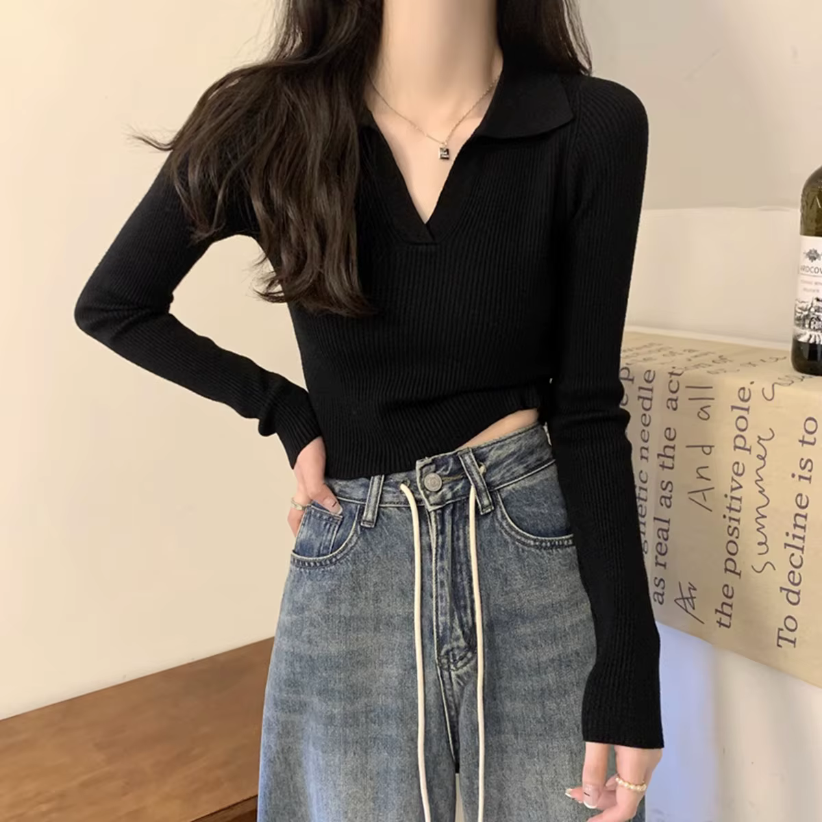 Tempérament polo revers pull à manches longues pour les femmes automne hiver coupe ajustée intérieur