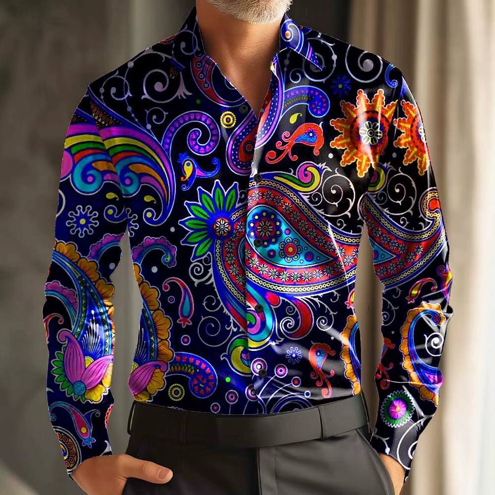 Chemise à manches longues pour hommes, imprimé carnaval rétro Paisley, coupe ample, Style de rue déc