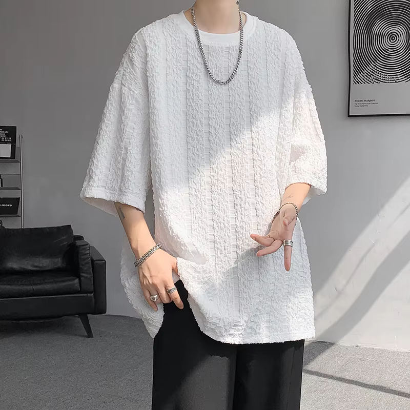 T-Shirt Plissé à Rayures Verticales pour Homme, Manches Courtes, Couleur Unie, Col Rond, Haut de deh