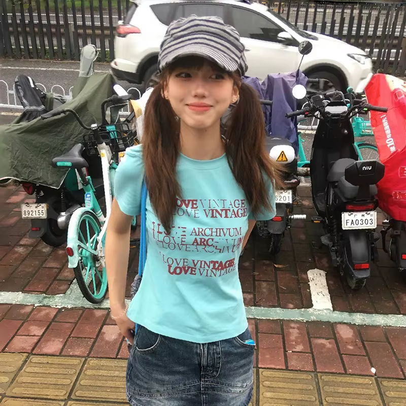 Karrram japonais Y2k lettre impression T-shirt Trashy 2000s Style haut court Vintage Harajuku manche