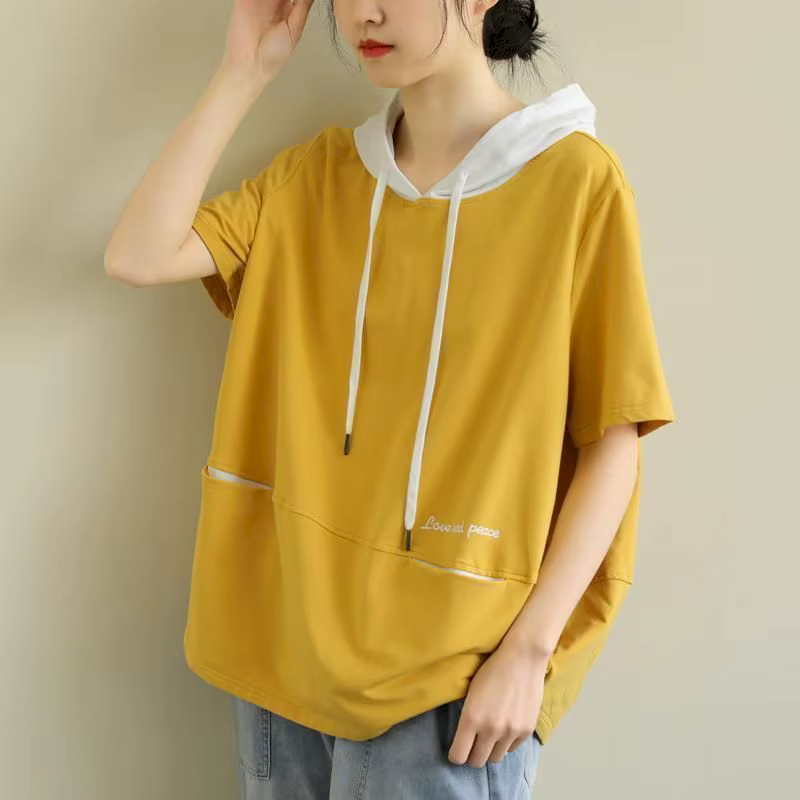 T-shirt ample et décontracté à manches courtes pour femmes, 100% coton, mode d'été, capuche, littéra