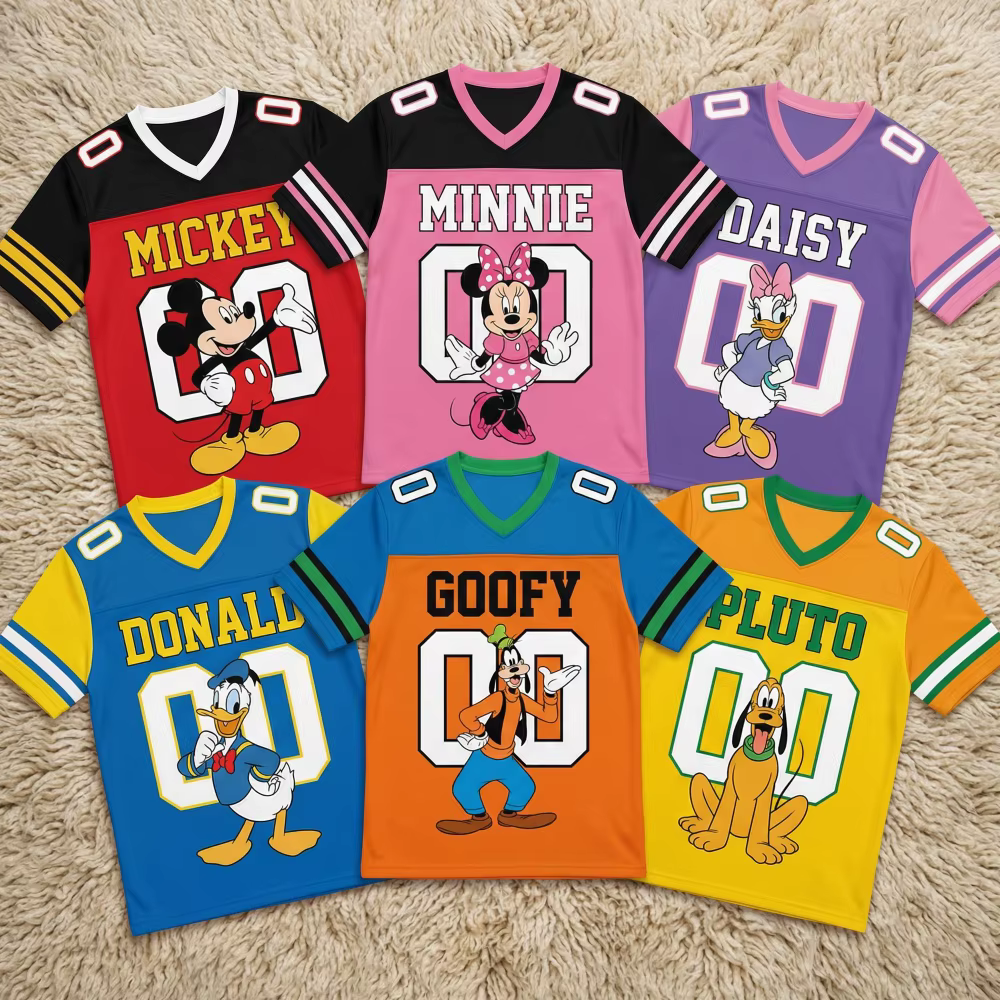 T-shirt de famille Disney pour hommes et femmes, vêtements de sport à col en v, amples, décontractés