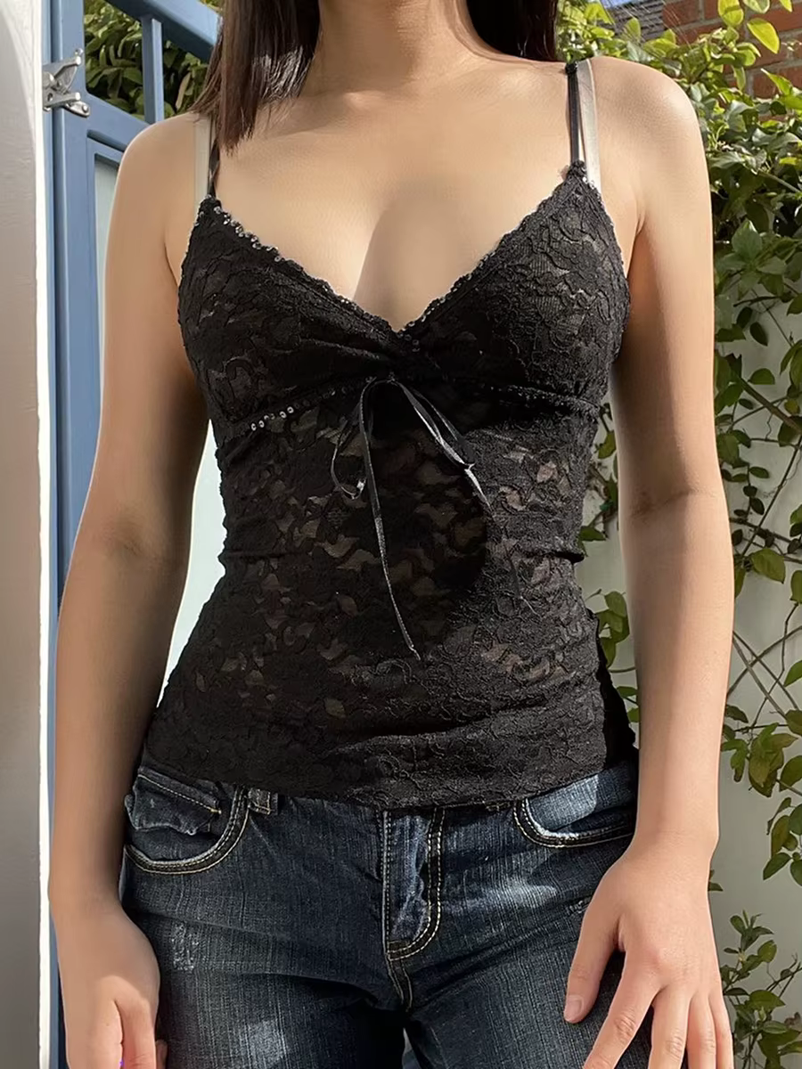 Débardeur en dentelle noire pour femmes, Vintage, bretelles, fleurs, col en v, sans manches, écharpe
