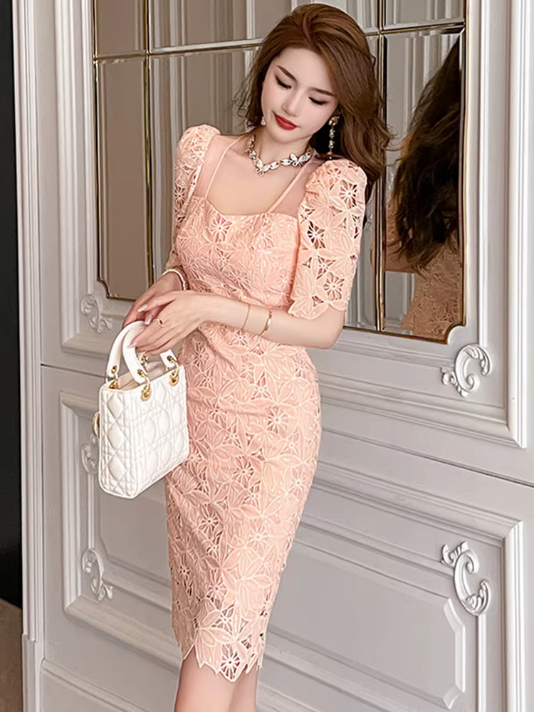 Fashion Summer Lace Elegant Women Evening Short Dress Chic Hollow Sexy Square Collar Slim Mini Party