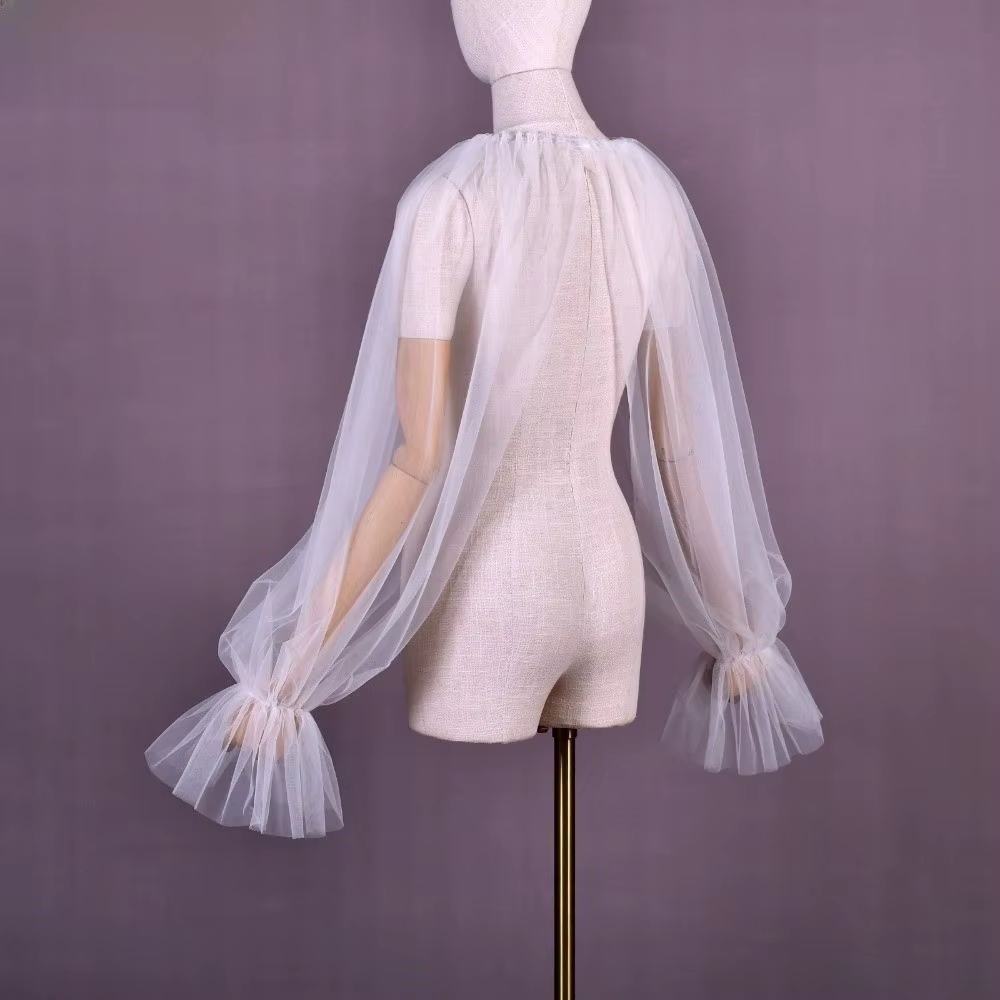Chemisier à manches longues bouffantes, design à volants, faux col doux, couleur unie, léger, col dé
