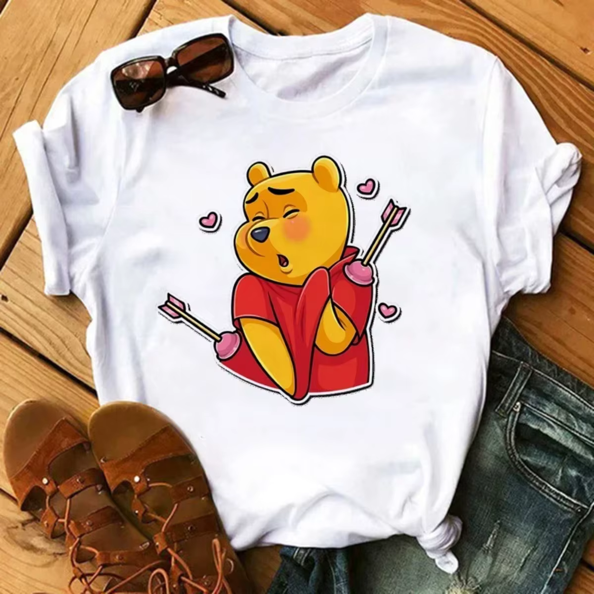 T-shirt de dessin animé Kawaii pour femmes, T-shirt imprimé Winnie l'ourson, manches courtes, Street