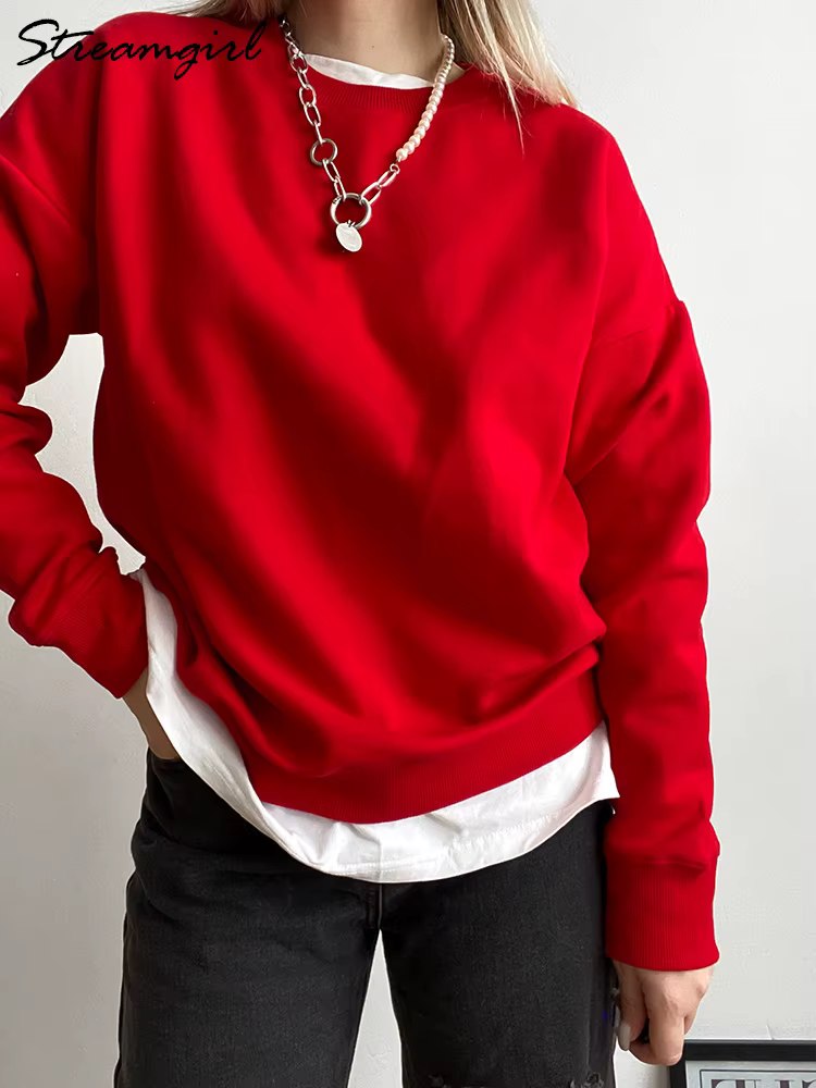 Sweat-shirt surdimensionné en coton pour femme, pull ample, rouge, col rond, chaud, surdimensionné, 