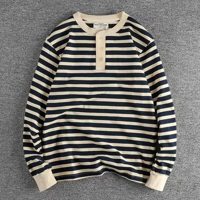 Automne américain rétro 230g poids lourd col Henry rayé T-shirt hommes mode 100% coton lavé décontra