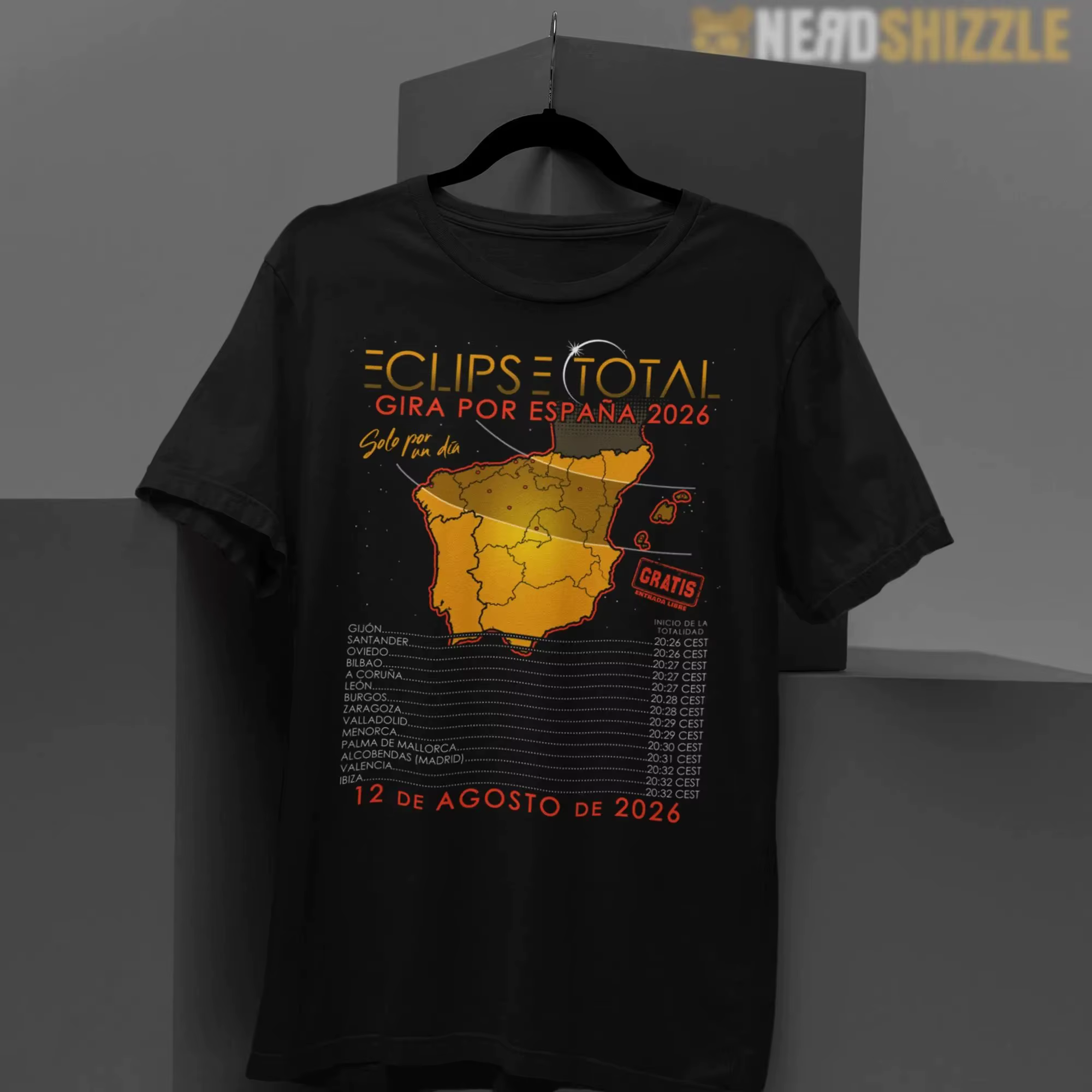 T-shirt graphique Eclipse solaire total Espagne 2026 – Carte de la trajectoire de l'éclipse imprimée