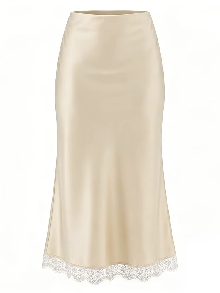 Jupes longues en satin Streamgirl avec dentelle pour femme, taille haute, coupe trapèze, en soie, mo
