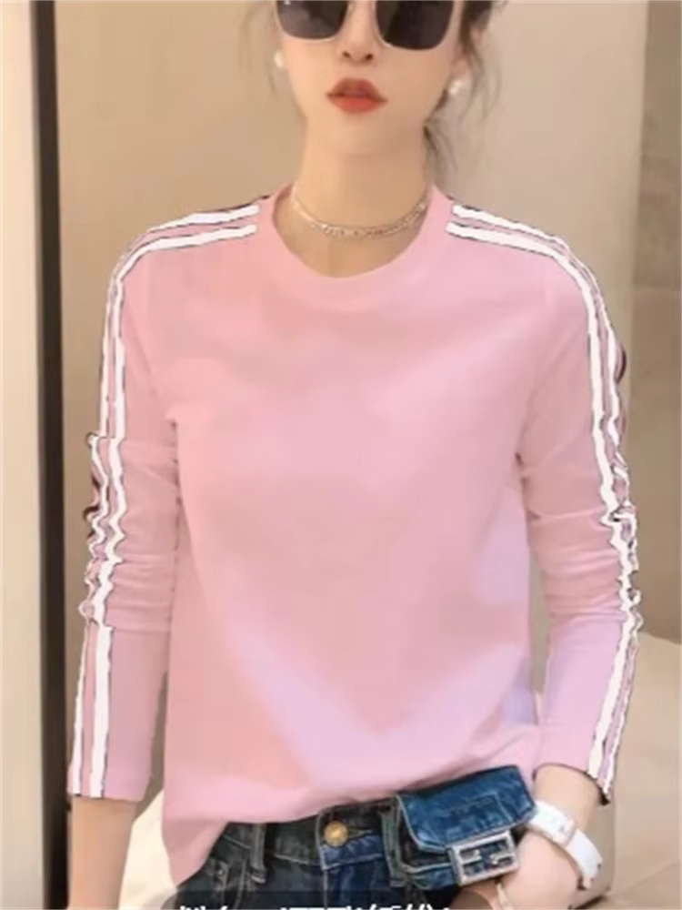 Simplicité femmes T-shirt mince T-shirt mode bas haut rayure Blous col rond à manches longues femme