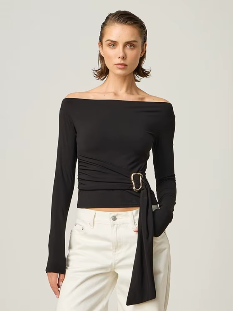 T-shirts à manches longues pour femmes vêtements esthétiques Slash cou haut court glands t-shirt cou
