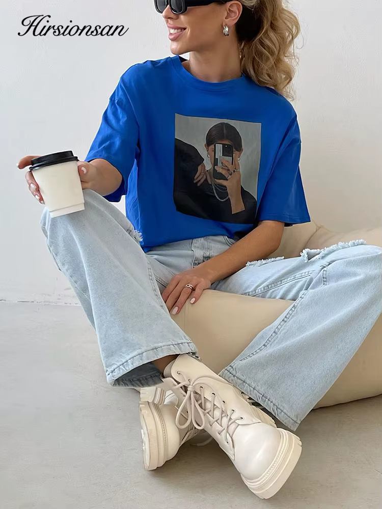 Hirsionsan – t-shirt imprimé Harajuku pour femme, haut décontracté, ample, à manches courtes, surdim