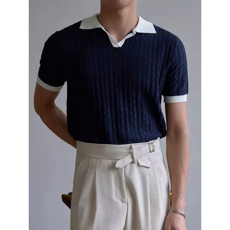 Polo d'été léger pour hommes, respirant, couleur épissure américaine, col en v, tricoté élastique, S