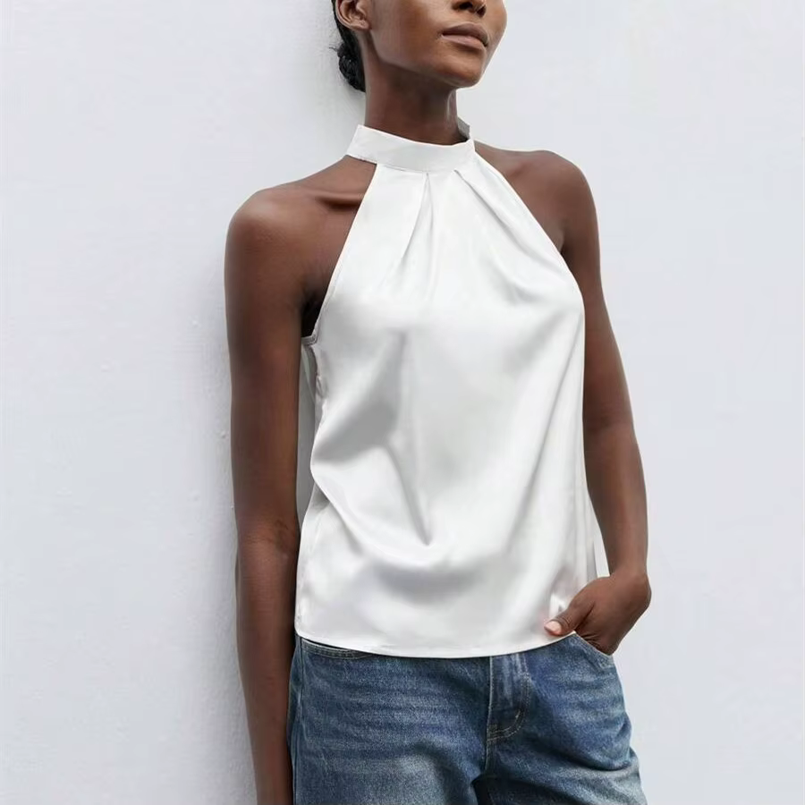 Hirigin élégant Satin licou cou débardeurs femmes sans manches couleur unie t-shirt basique culture