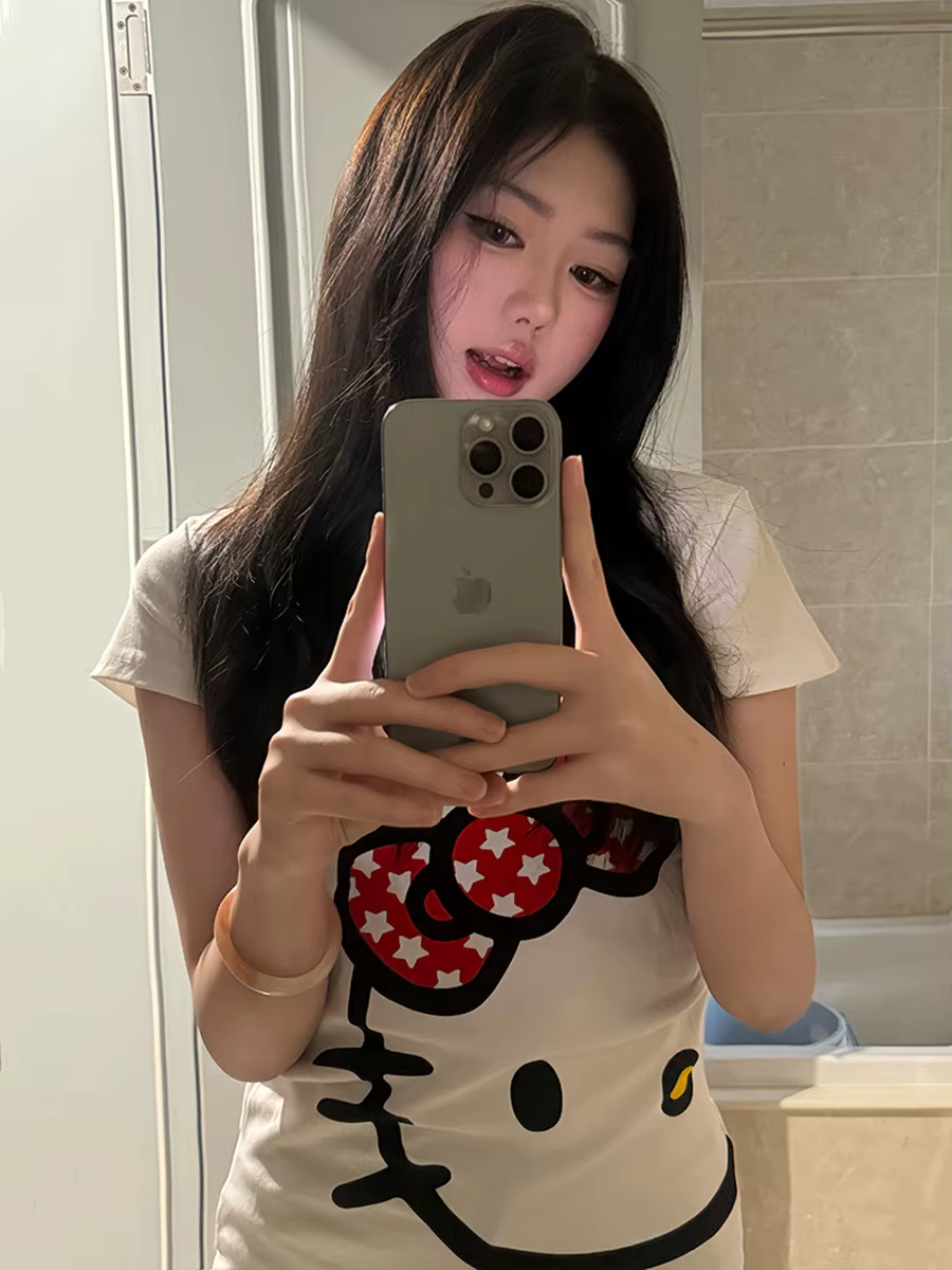 T-shirt pour femme Hello Kitty tendance, motif dessin animé Kawaii, décontracté, manches courtes, co
