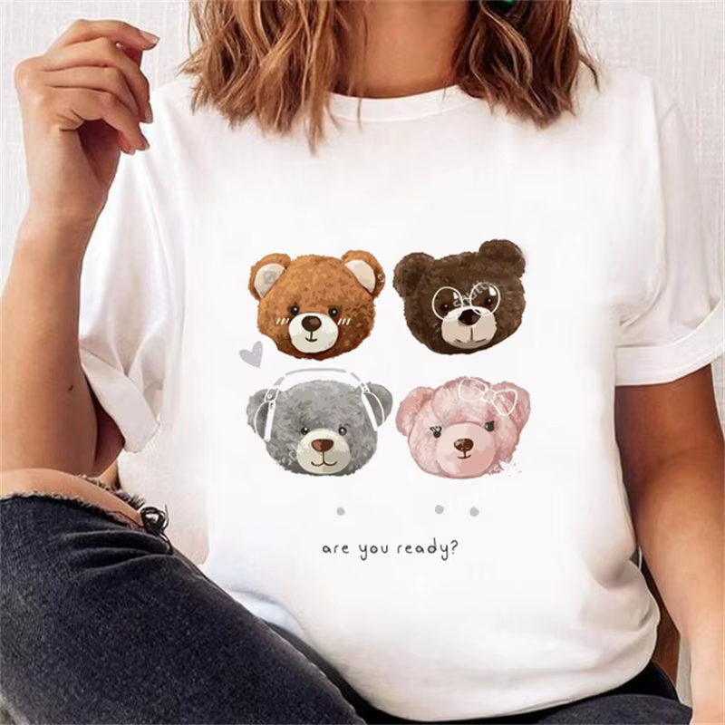 T-shirt à manches courtes pour femmes, vêtement tendance, décontracté, mignon, ours, à la mode, prin