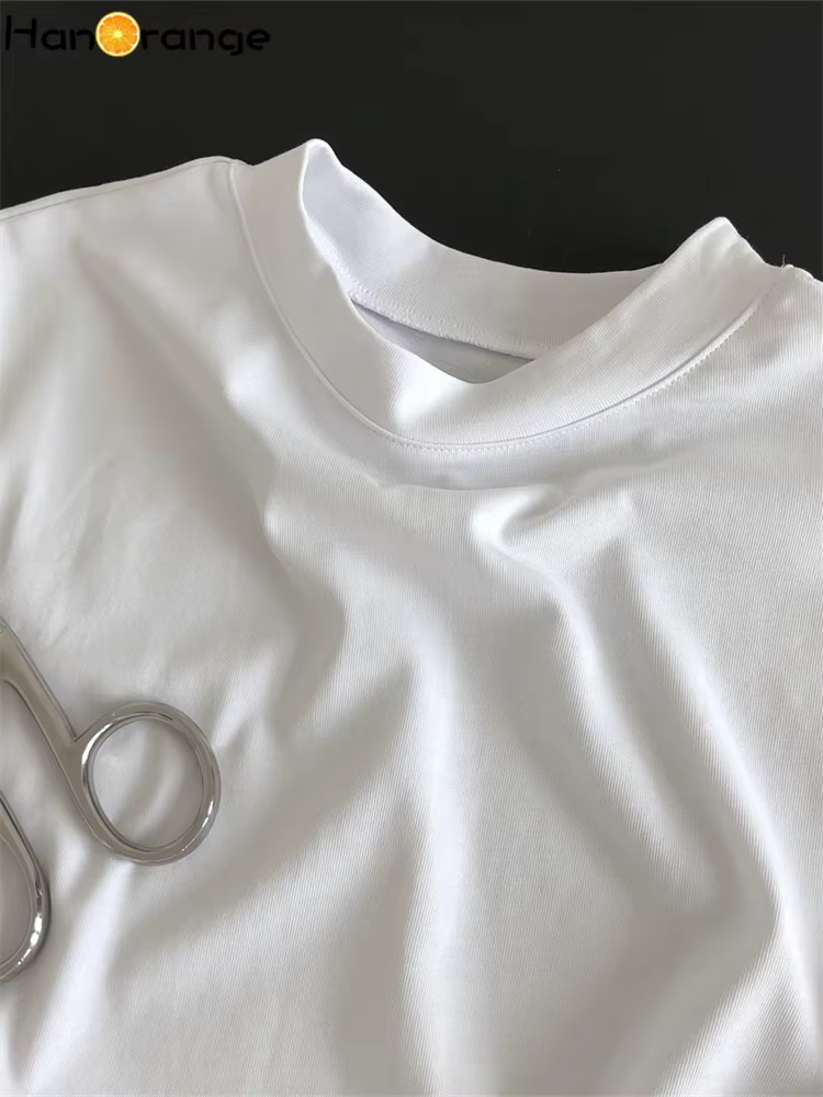 HanOrange-T-shirt à Manches Courtes et Col Rond pour Femme, Haut Vintage, Simple, Fin, Décontracté,