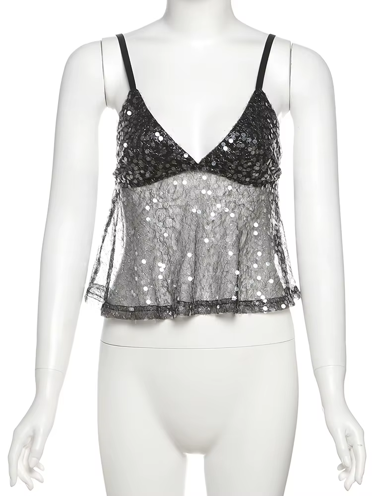 Sexy dos nu tendance d'été rue minuit polyvalent Hottie classique Tops Étrange Puss paillettes Patch