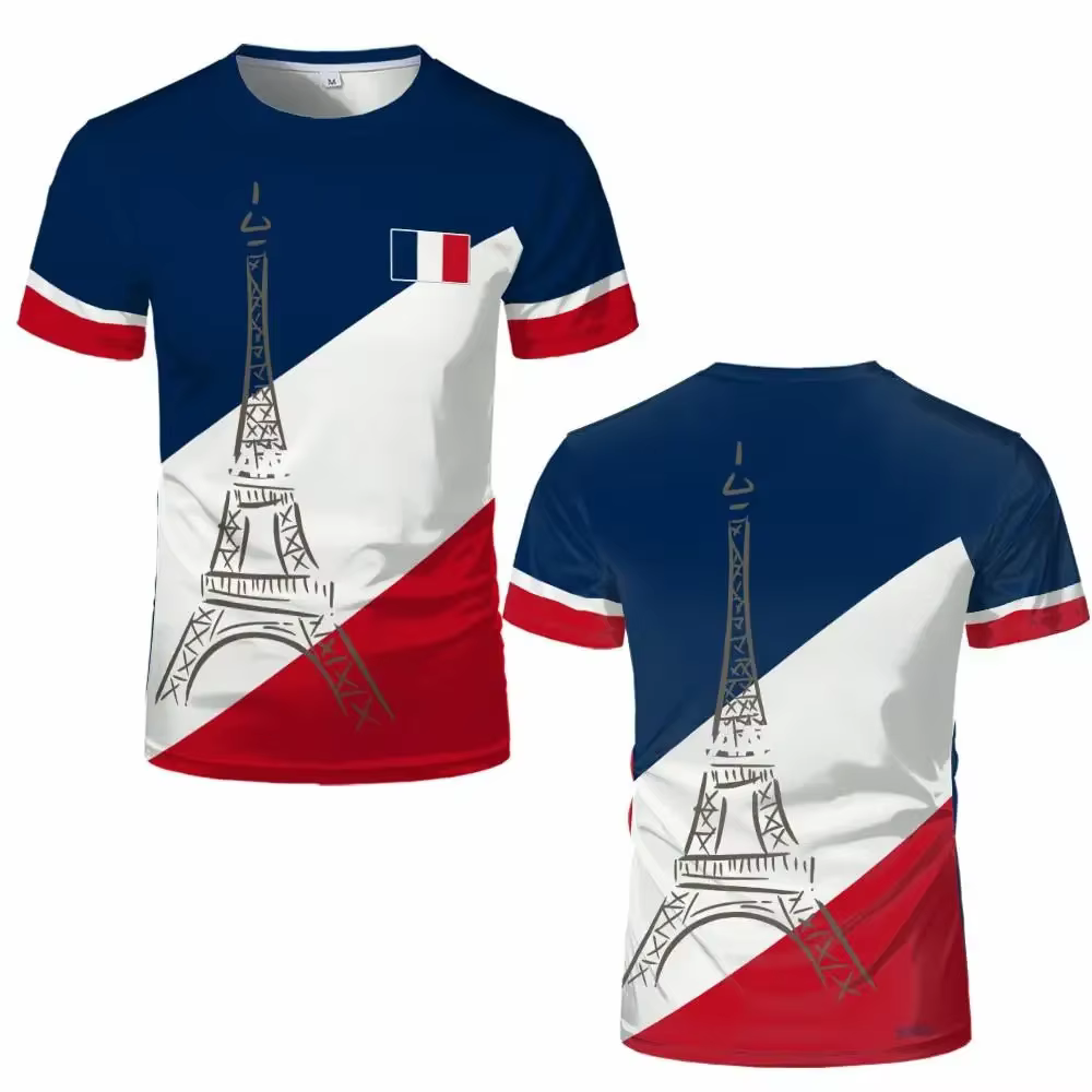 T-shirt drapeau français imprimé en 3D, été, sports de plein air, décontracté, respirant, séchage ra