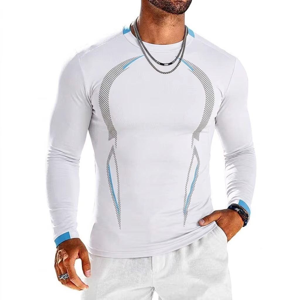 T-shirts de sport pour hommes, coupe ajustée, col rond, manches longues, légers, décontractés, à séc