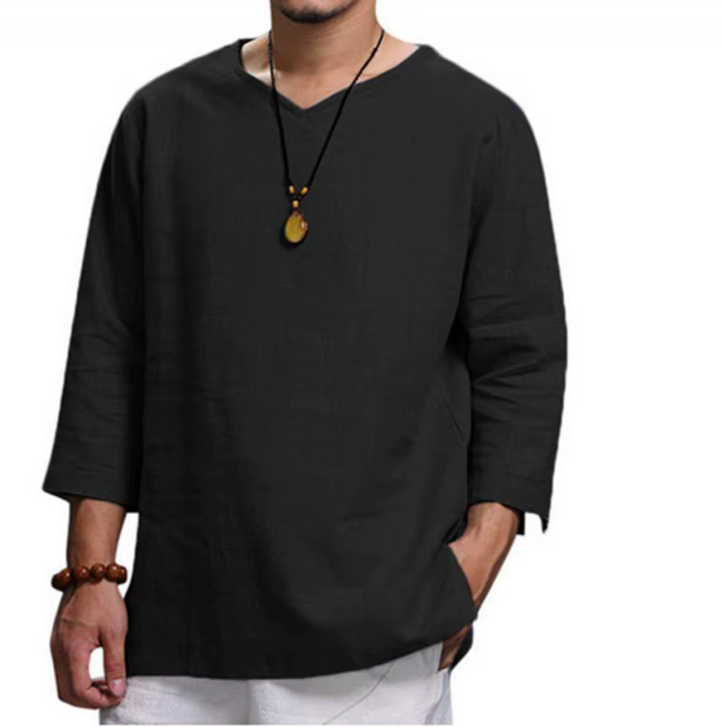 Hommes col en V coton lin t-shirts mâle respirant couleur unie trois quarts décontracté ample pull d