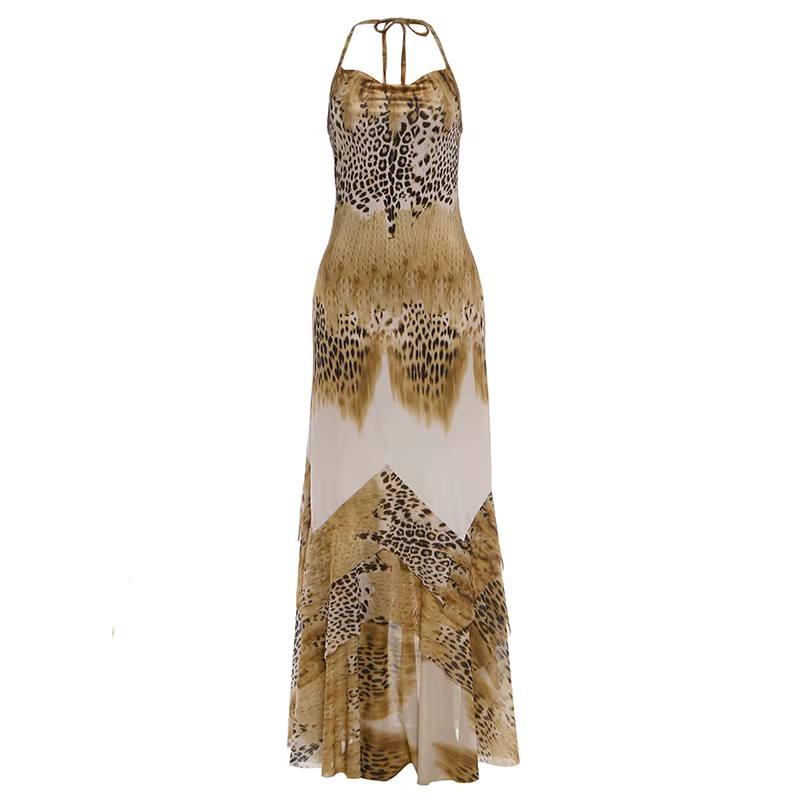 Robe longue moulante Kliou imprimé léopard sexy pour femme, dos nu, sans manches, à lacets, style mo