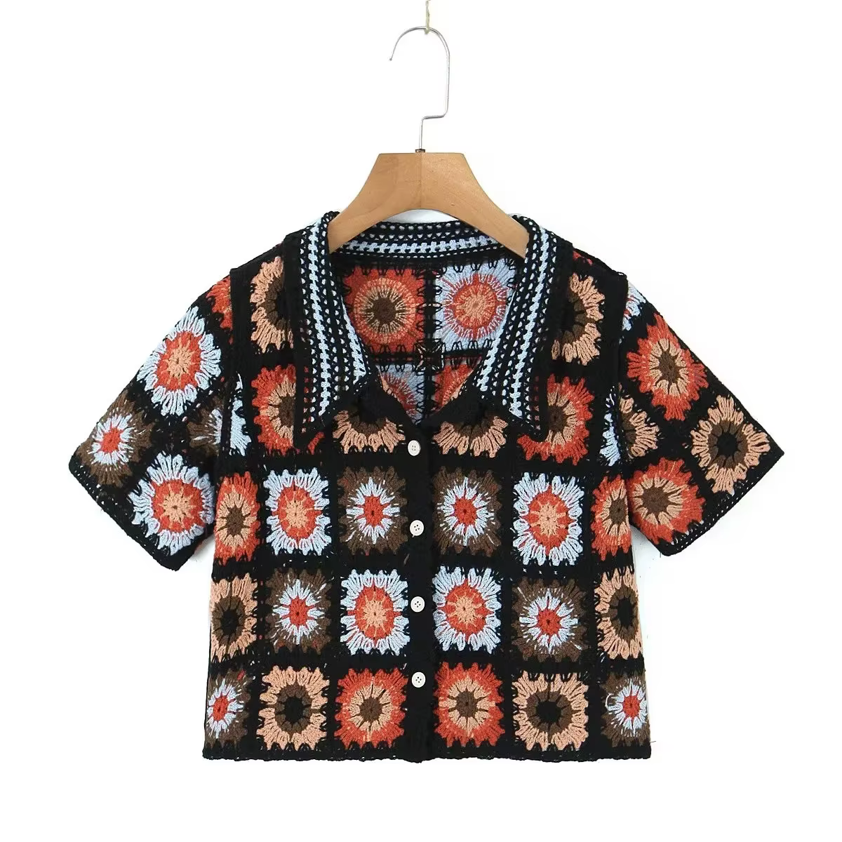 Vintage Crochet tricoté culture hauts Blouse chemises pour femmes décontracté à manches courtes évid