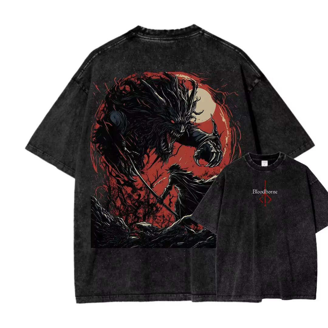 Nouveau T-shirt imprimé Bloodborne, jeu de rôle d'action tendance, style vintage délavé, en coton am