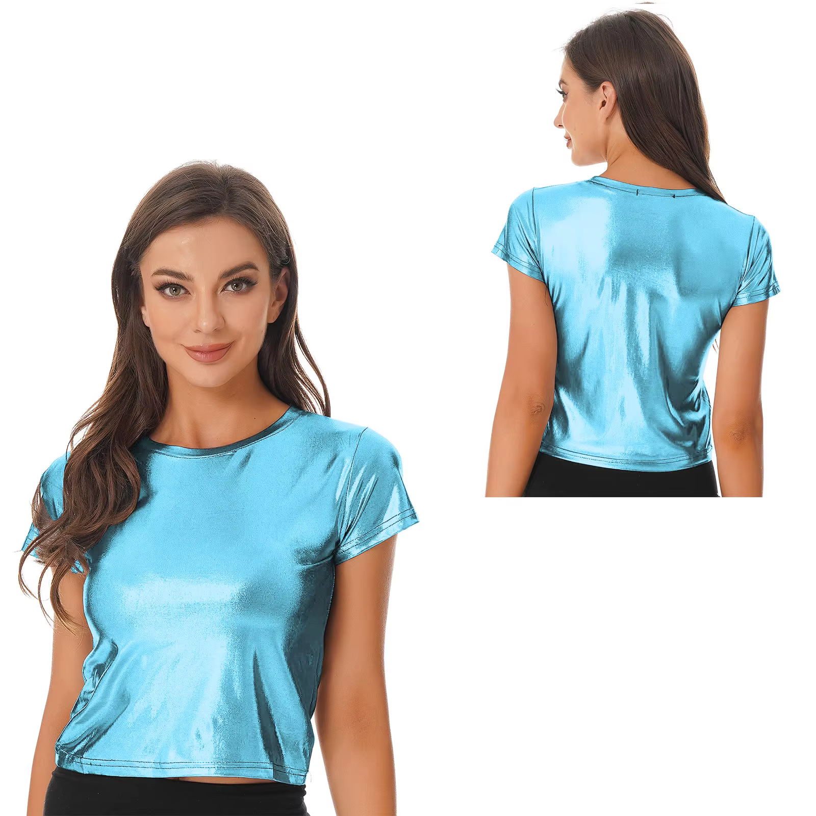 T-shirt métallique brillant à manches courtes pour femmes, mode brillante, solide, Y pour boîte de n