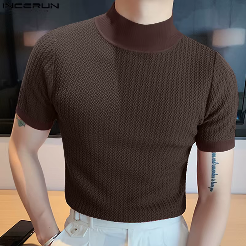 T-shirt moulant à manches courtes et col haut, Streetwear décontracté, texturé, couleur unie, à la m