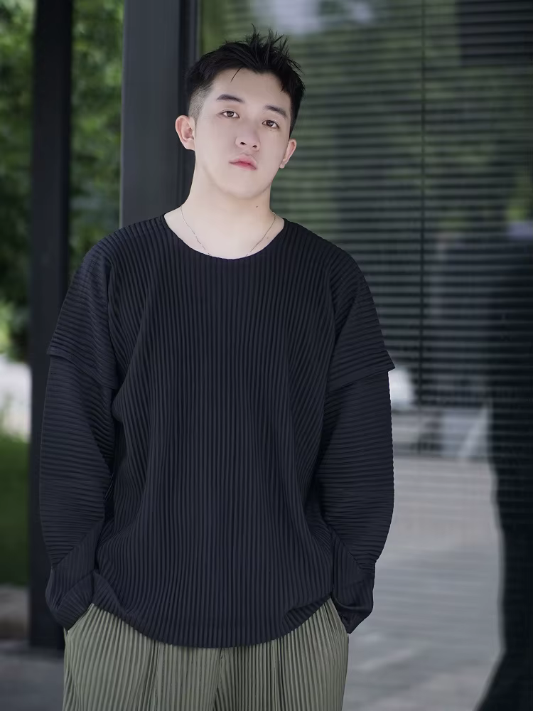 Miyake t-shirt plissé pour hommes col rond t-shirts pour hommes couleur unie couture manches haut à 