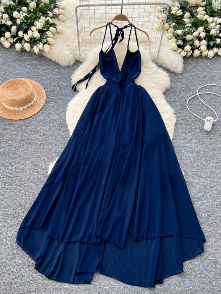 Robe de Plage Française Longue en Mousseline de Soie pour Femme, Sexy, Col en V, Col Licou, Dos aux,