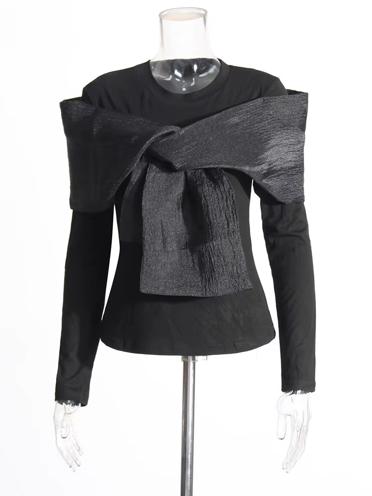TWOTWINSTYLE Solide Patchwork Bowknot Minceur T-shirt Pour Les Femmes Col Rond À Manches Longues Min