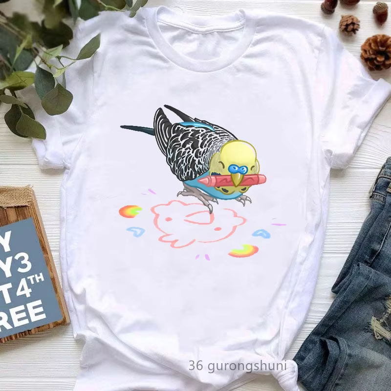 T-shirt imprimé graphique pour femme, joli t-shirt perroquet, blanc, manches courtes, j'aime vraimen