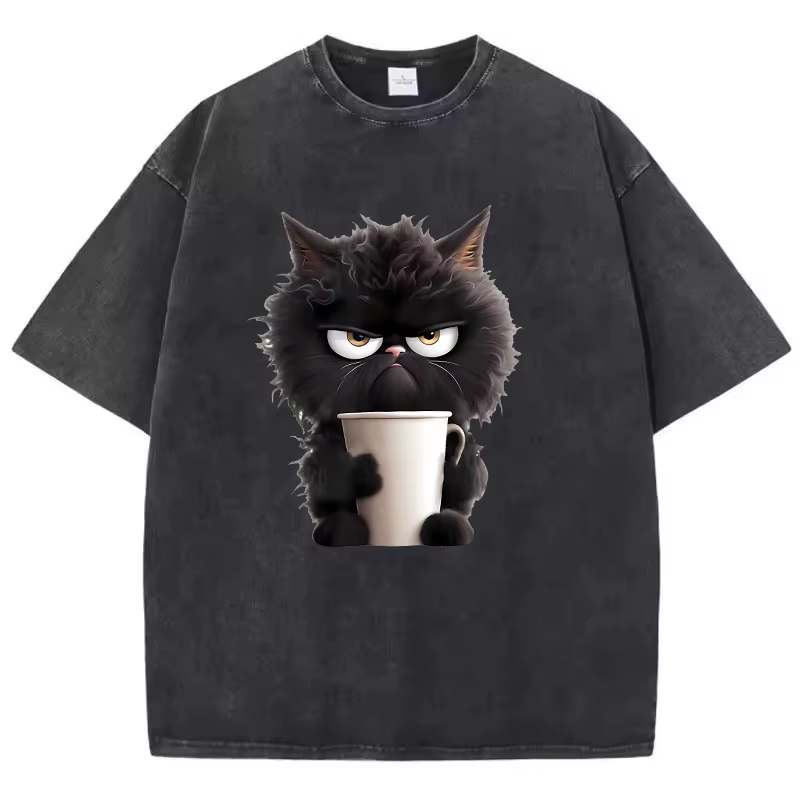 T-Shirt Vintage café chat lavé 100% coton T-Shirt graphique T-Shirt décontracté Streetwear printemps