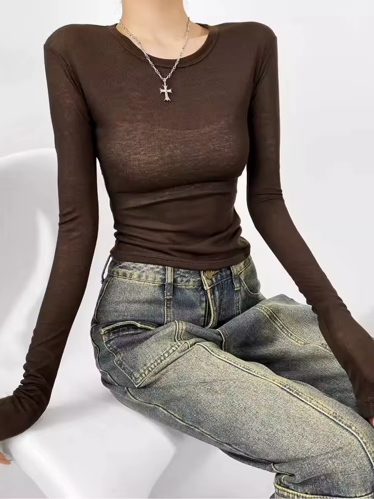 T-shirt semi-transparent ajusté à col rond pour femme, manches longues