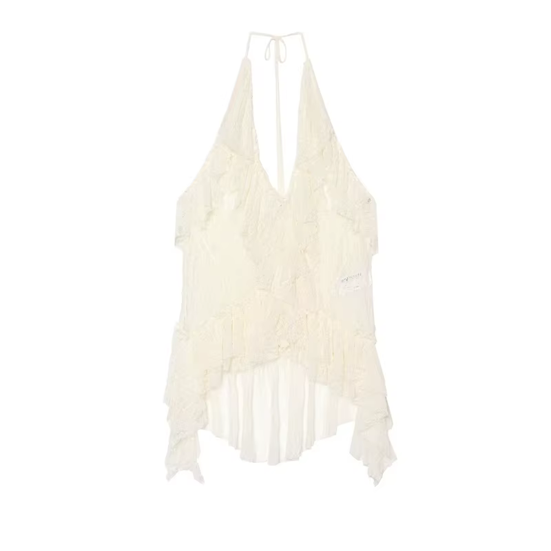 Haut pour femme, nouveau style été 2026, beige, col licou, dentelle superposée décorative, sexy, cou