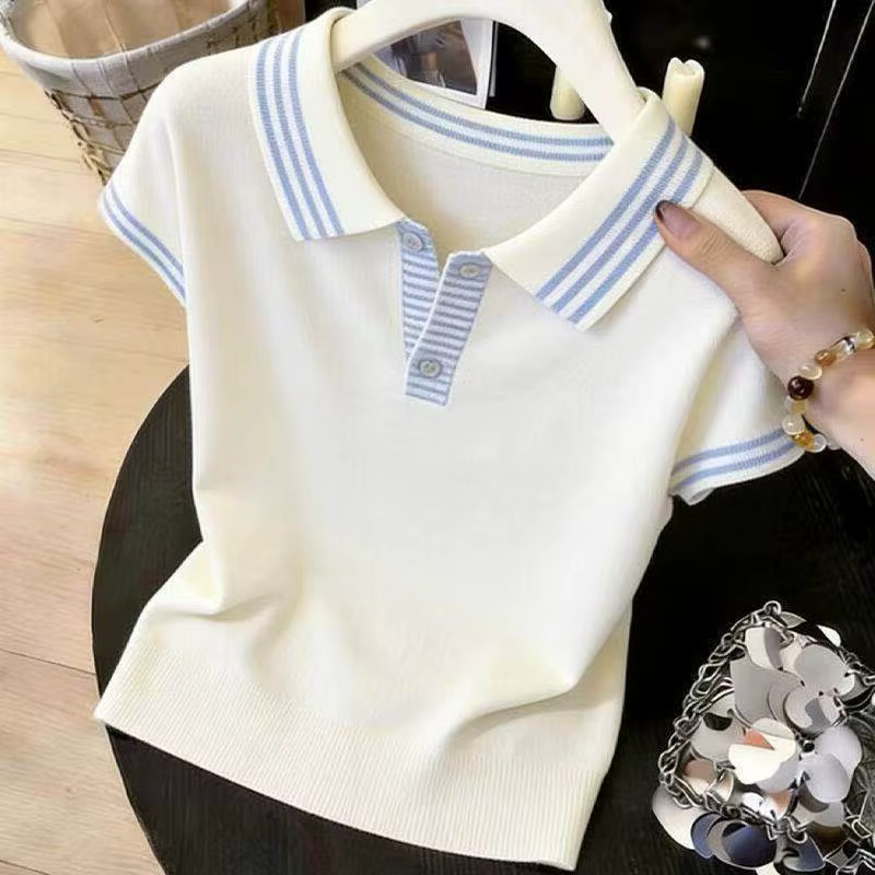 Pulls à manches courtes en tricot pour femmes, pull-over d'été nouveau avec col rabattu et empièceme