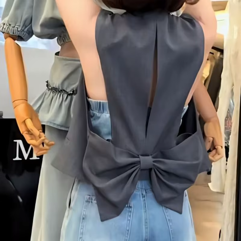 Gilet sans manches gris simple et tendance pour femme, style Y2K, col en V, boutonnage simple, hauts