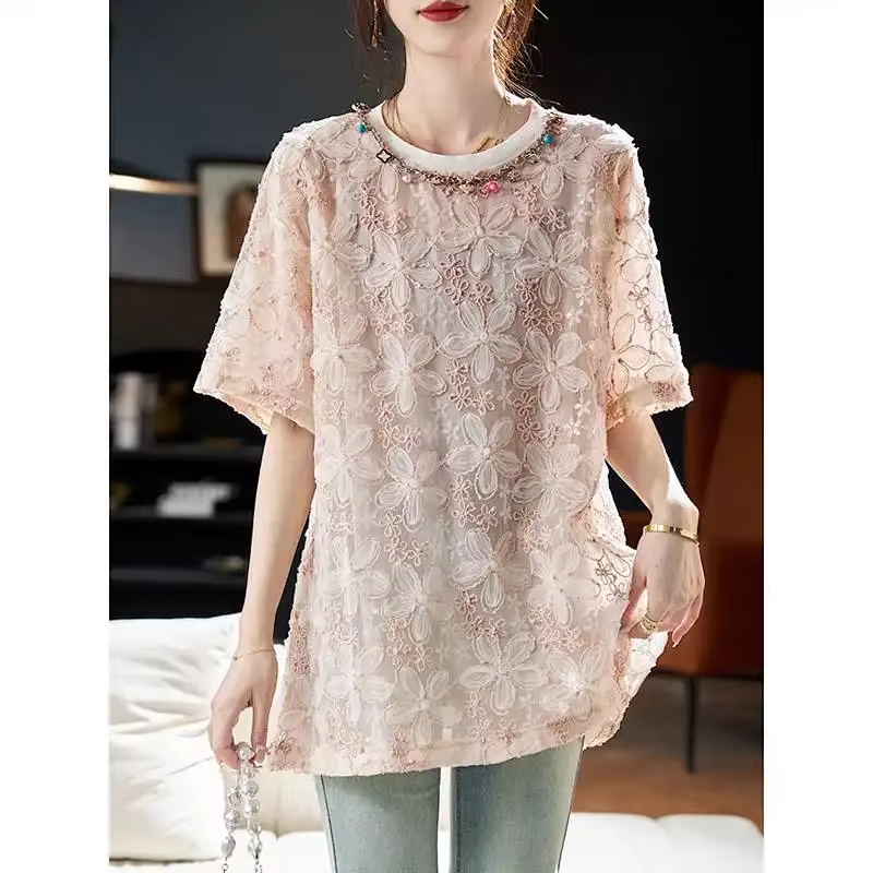 T-shirt ample brodé floral pour femme, manches courtes, col rond, haut décontracté d'été avec superp
