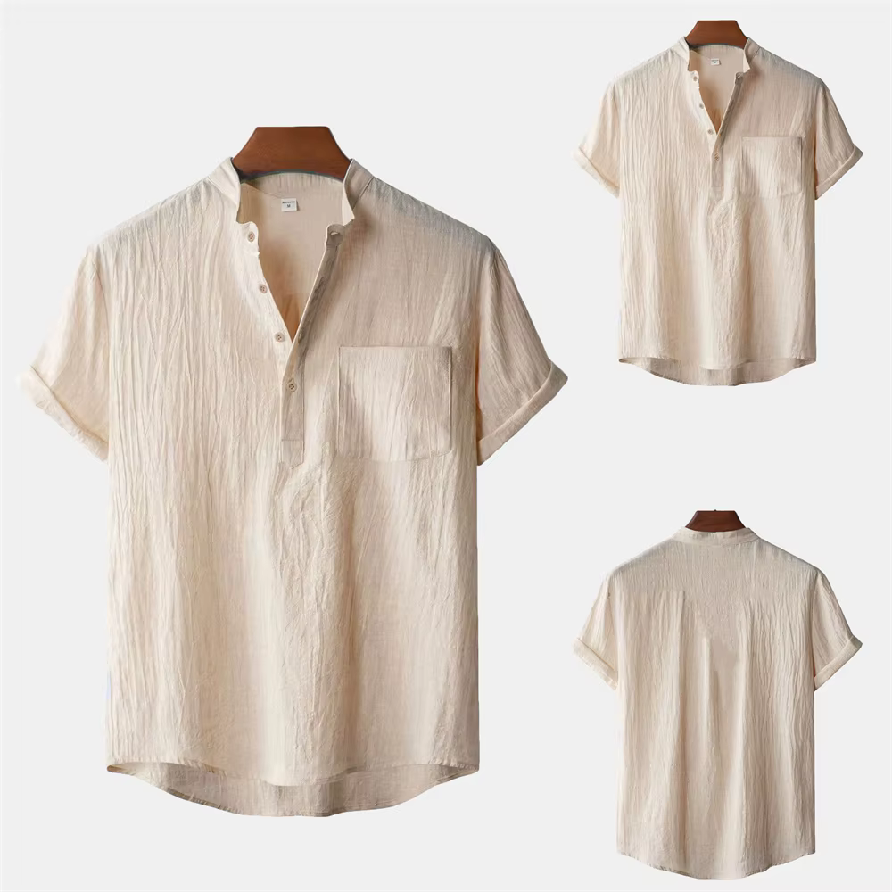 T-shirt d'été en coton et lin pour hommes, Style plage, manches courtes, col Henley, vacances hawaïe