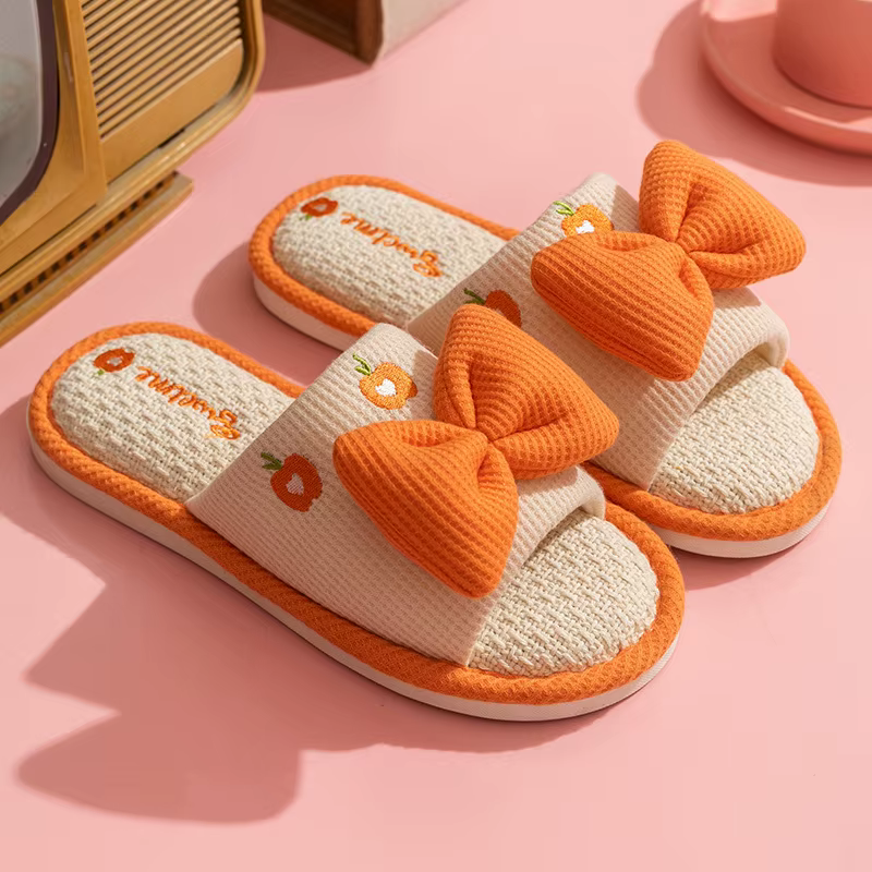 Chaussons d'été décontractés en lin pour femmes avec nœud multicolore de dessin animé, antidérapants