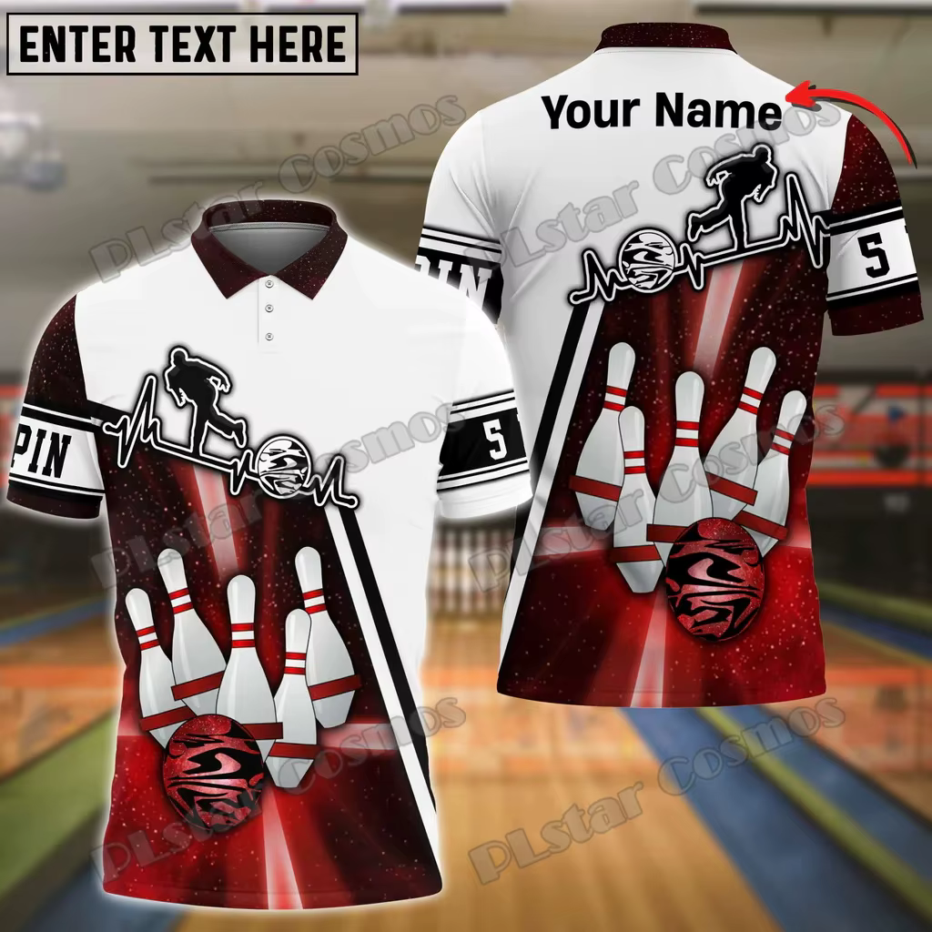 Polo décontracté unisexe pour homme, boule de bowling rouge, crâne noir et blanc, nom personnalisé, 