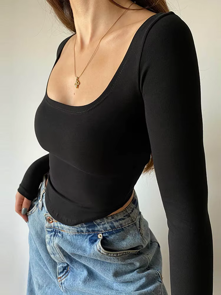 T-shirt manches longues col carré pour femme, décontracté, vert, slim, Sexy, solide, basique, haut c